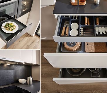 Collage von einer Küche mit verschiedenen E-Geräten und Schubladen.