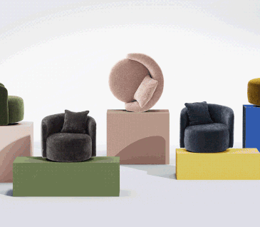 Gif mit verschiedenen Sesseln und Hockern der Serie Valdis von RAUM.FREUNDE.