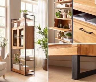 Highbaord im Industrial-Stil mit Holz und schwarzem Metall in verschiedenen Ansichten.