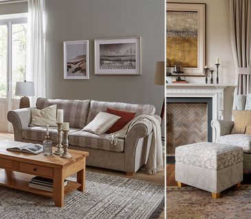 Beiges Sofa und beiger Ohrensessel im englischen Cottage-Stil in gemütlichem Wohnzimmer.