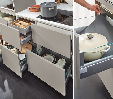 Collage aus zwei Bildern einer EMC-Küche mit geöffneten Schubladen in einer Küche mit Töpfen, Pfannen und anderen Küchenutensilien auf Anti-Rutsch-Matten.