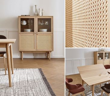 Collage: Esstisch und Esszimmerstühle in urbanem Landhausstil und Highboard mit Wiener Geflecht.