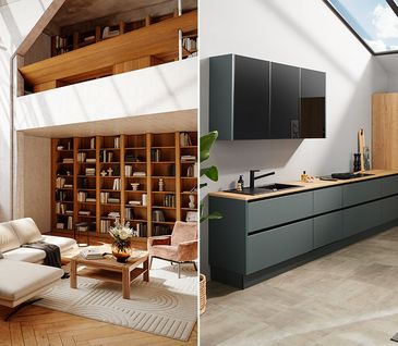 Wohnzimmer im Bauhaus-Stil und moderne Eckküche mit Holzakzenten.