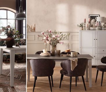 Esszimmer im Landhaus Look mit dunkelbraunen Stühlen, weißem Tisch und passendem Highboard, dekoriert mir frischen Blumen.