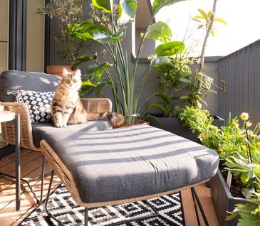Balkon mit gemütlichen Gartenmöbeln, Beistelltisch und vielen Pflanzen.