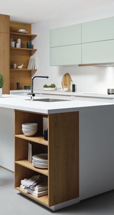 Moderne Küche mit weißer Front und Holzhochschrank.