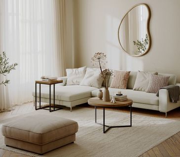 Weißes Ecksofa mit zwei Beistelltischen und zusätzlicher Sitzmöglichkeit mit einem Hocker in Cord-Bezug.