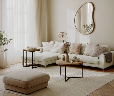 Weißes Ecksofa mit zwei Beistelltischen und zusätzlicher Sitzmöglichkeit mit einem Hocker in Cord-Bezug.