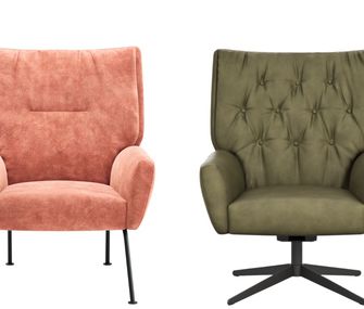 Lachsfarbener Fernsehsessel mit Stoffbezug neben olivgrünem Fernsehsessel mit Lederbezug