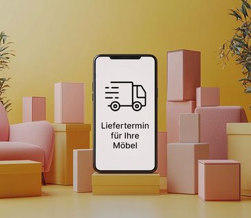 Collage: Mobiltelefon mit Möbeln.