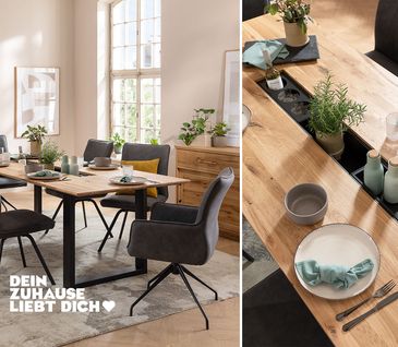 Klassisch eingerichtetes Esszimmer mit Esstisch aus Wildeiche mit praktischem Tischeinsatz und Esszimmerstühlen mit dunkelgrauem Stoffbezug.