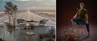 Collage von Gartenstühlen und quadratischem Gartentisch in verschiedenen Studio-Settings.