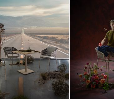 Collage von Gartenstühlen und quadratischem Gartentisch in verschiedenen Studio-Settings.