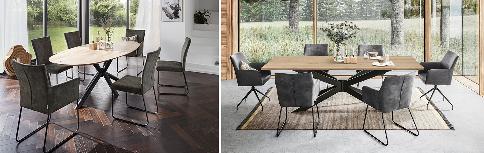 Ob klassische Tischplatte oder in ovaler Form. Esstisch NATURA HOME Phoenix fügt sich ideal in Ihr Esszimmer. Collage: Zwei Esszimmer mit großem Esstisch - in eckiger oder ovaler Form mit Stühlen in grauem Stoff.