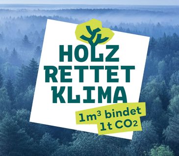 Wald von oben mit Logo für Initiative "Holz rettet Klima"