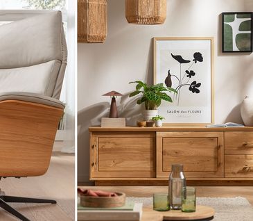 Collage: Relaxsessel mit grauem Lederbezug und Holzschale; Lowboard aus Massivholz in Wohnzimmer.