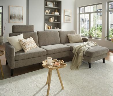 Hellgraues Ecksofa in gemütlich eingerichtetem Wohnzimmer mit großem beigen Teppich.