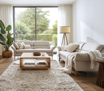 Zwei Beige Sofas in hell eingerichtetem Wohnzimmer um einen Couchtisch aus Holz.