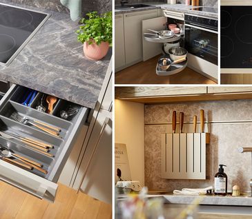 Collage von Küchen-Ordnungssystemen und einem hochwertigen Küchenfeld.