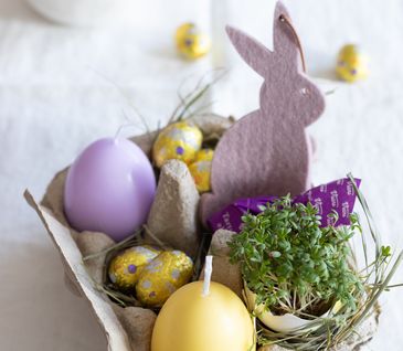 Osternest mit Häschen, bunten Eiern und Kresse in Eier-Karton.