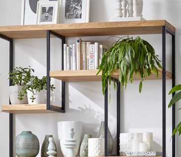 Regal mit hölzernen Einlegeböden und Gestell aus Metall mit Büchern und Pflanzen