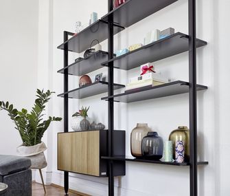 Modernes, schwarzes Bücherregal dekoriert mit Büchern, Vasen und Pflanzen