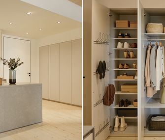 Collage mit offener, moderner Küche in Wohnraum integriert und Schrank mit Stauraum