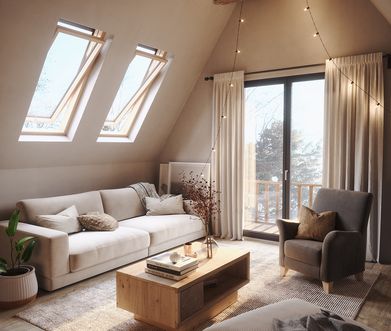 Gemütliches Wohnzimmer in Dachgeschoss-Wohnung.