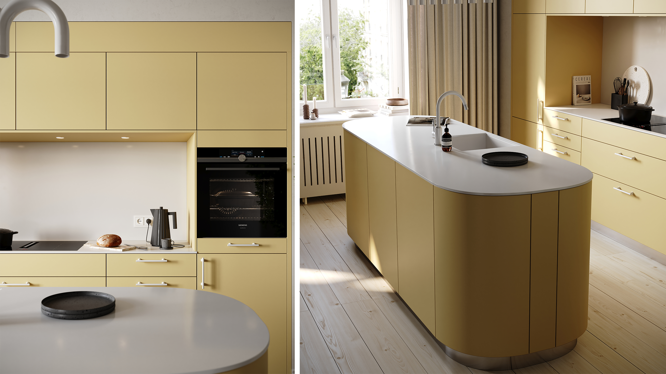 Abgerundete Kochinsel mit weißer Arbeitsflächer und buttergelbem Korpus