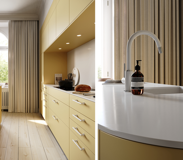 Purisitische Küche von Contur in Buttergelb, die fröhliche Stimmung und gute Laune verbreitet