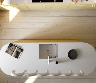 Kochinsel mit abgerundeten Ecken und weißer Oberfläche, Blick von oben, Contur Küche in Buttergelb