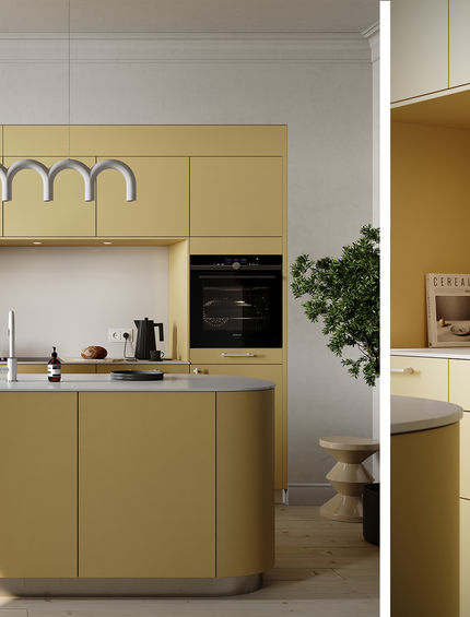 Moderne, puristische Küche mit zum Teil abgerundeten Kanten in Buttergelb von der Marke Contur