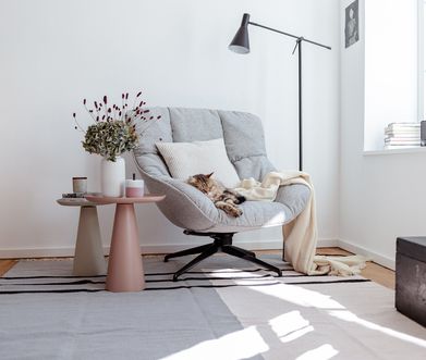 Helles Wohnzimmer mit liebevoll eingerichteter Leseecke am Fenster mit großem Sessel.