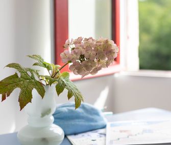 Schreibtisch mit Blumenvase, Büchern und Ausblick mit offenem Fenster.