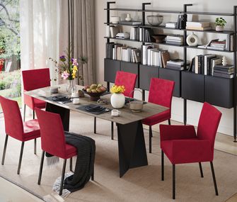 Esszimmer mit roten Stühlen um Esstisch mit modernem, schwarzem Regal.