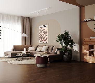 Modernes Wohnzimmer in Erdfarben und Massivholzmöbeln.