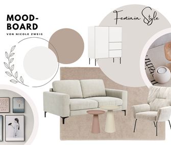 Moodboard: Einrichtung Wohnzimmer im femininen Stil.
