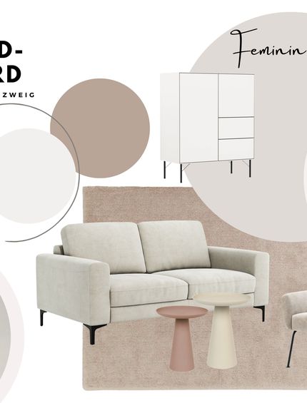 Moodboard: Einrichtung Wohnzimmer im femininen Stil.