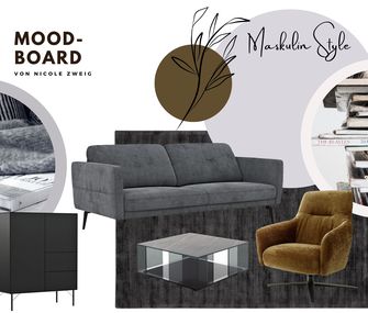 Moodboard: Einrichtung Wohnzimmer im maskulinen Stil.