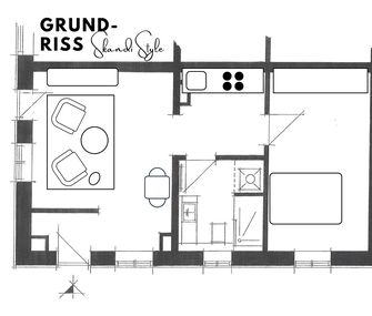Grundriss eines Wohnzimmers mit Ideen für Inneneinrichtung im Skandi Style.