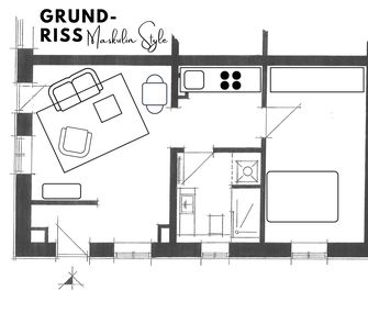 Grundriss eines Wohnzimmers mit Ideen für Inneneinrichtung im maskulinen Stil.
