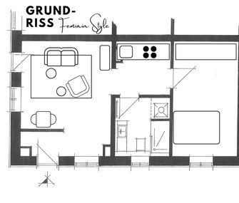 Grundriss eines Wohnzimmers mit Ideen für Inneneinrichtung.