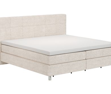 Skandinavische Boxspringbetten haben den Topper immer extra Weißes Boxspringbett mit hohem Kopfteil und skandinavischen Aufbau mit extra Topper