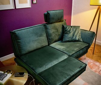 Es gibt für jeden Fleck das richtige Reinigungsmittel! Dunkelgrünes Samt-Sofa vor einer lila-gestrichenen Wand