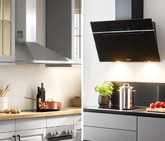 Bildcollage mit einer Wandhaube in Landhausoptik und einer modernen Kopffrei-Haube