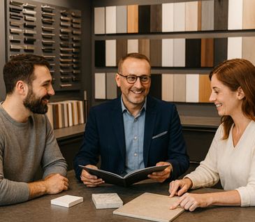 Küchenexperte berät Kunde und Kundin bei der Planung Ihrer neuen Küche im Küchenstudio.