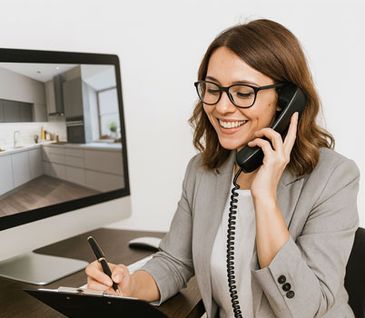 Frau berät am Telefon einen Kunden zur Küchenplanung.