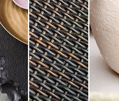 Collage aus verschiedenen Materialien: Stein, Rattan und Keramik.