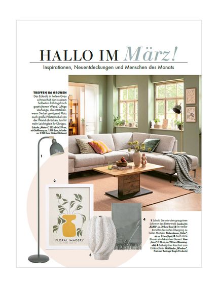 Wohninspiration in Zeitschrift - Grüne Wandfarbe mit beigem Sofa kombinieren.