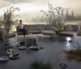 Design Gartenmöbel mit Lounge, Daybed, Sessel in und Pouf in Grau im modernen Setting